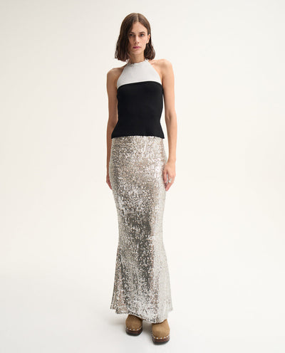 Silver Sequin Midi Skirt