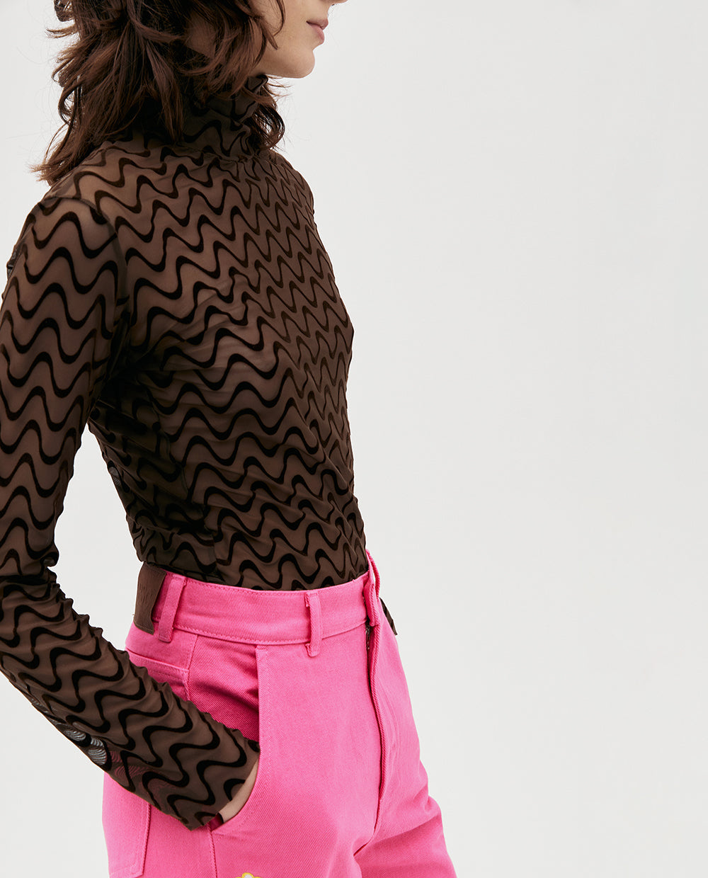 Brown Wave Mesh Top